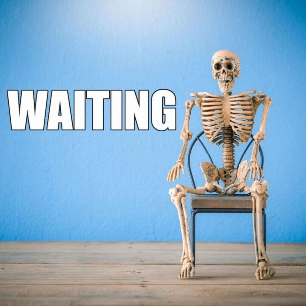 A skeleton sitting on top of a chair with the word " waiting " above it.