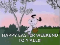 Snoopy carrying Easter basket in his mouth.