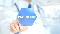 Pathologist in white coat touching pathology word.