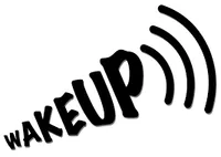 Black stylized text saying WAKEUP with sound waves.