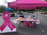 A pink tent with a table of pink-wrapped gifts.