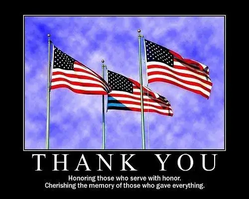 Three American flags with text: Thank you.